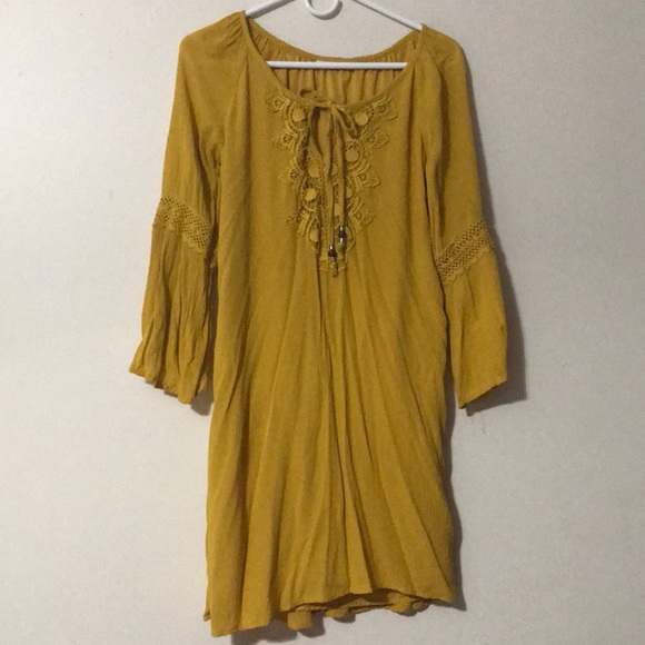 Knee long mustard yellow dress 1 soft layer inside - Picture 1 of 4